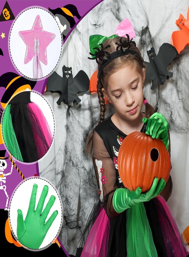 ShinyMatch 5 Pcs Halloween Costumes Pink and Green Witch Costume Tutu Skirt Hair Bow Gloves Socks Wand for Halloween Cosplay Party - Image 4